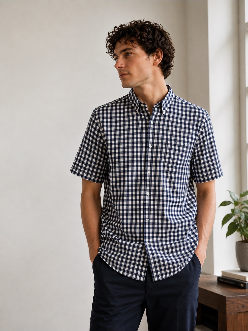 George Classic Fit Gingham Button Down Shirt Men’s Large Blue White Short Sleeve